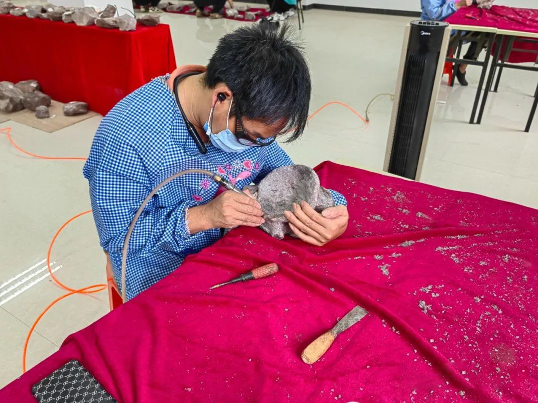 Technicians from the museum of Hebei University of Geosciences repair dinosaur fossils in Dongxing.